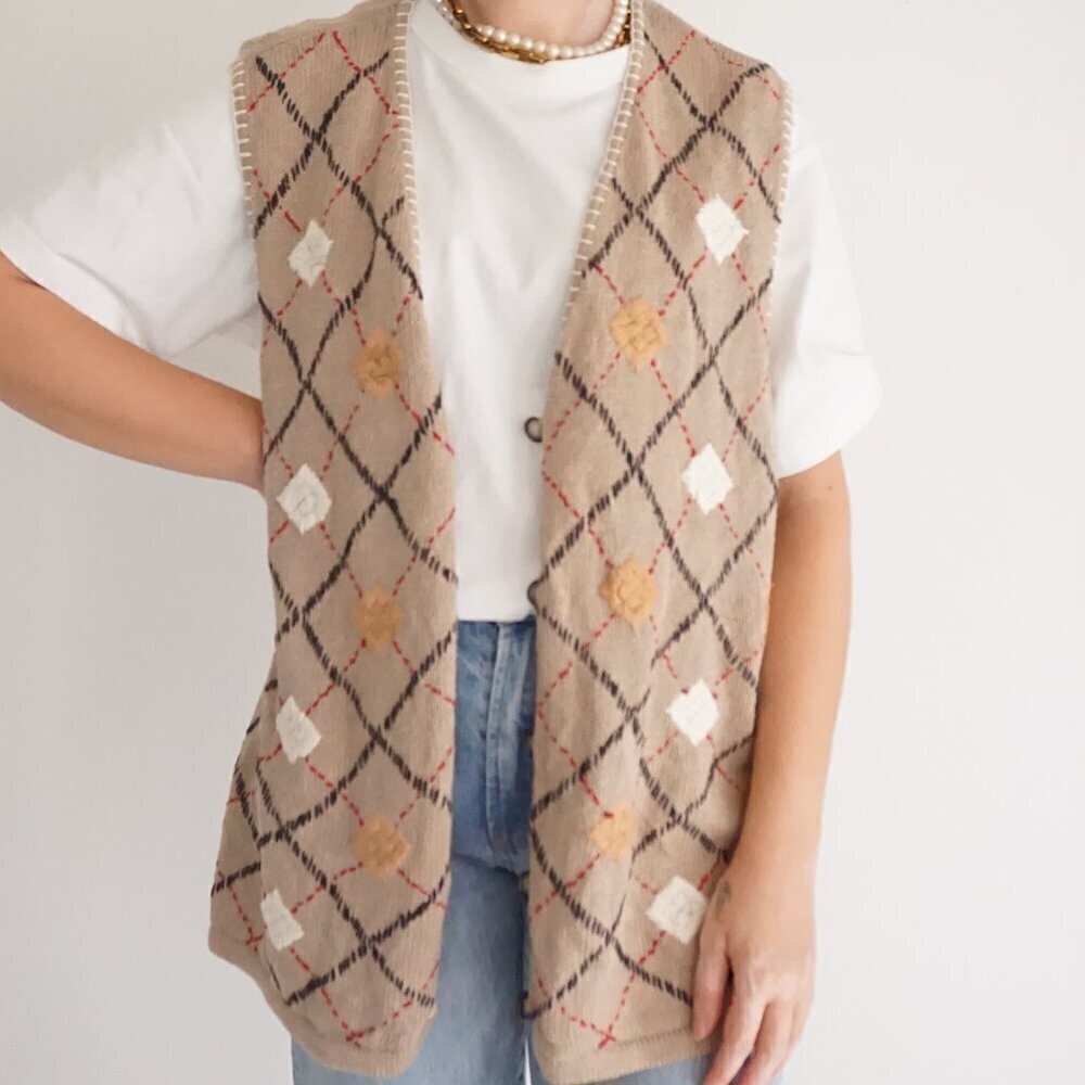 Vintage Cabin Creek Taupe Knit Cross Pattern Cotton Blend Button Sweater Vest 2X